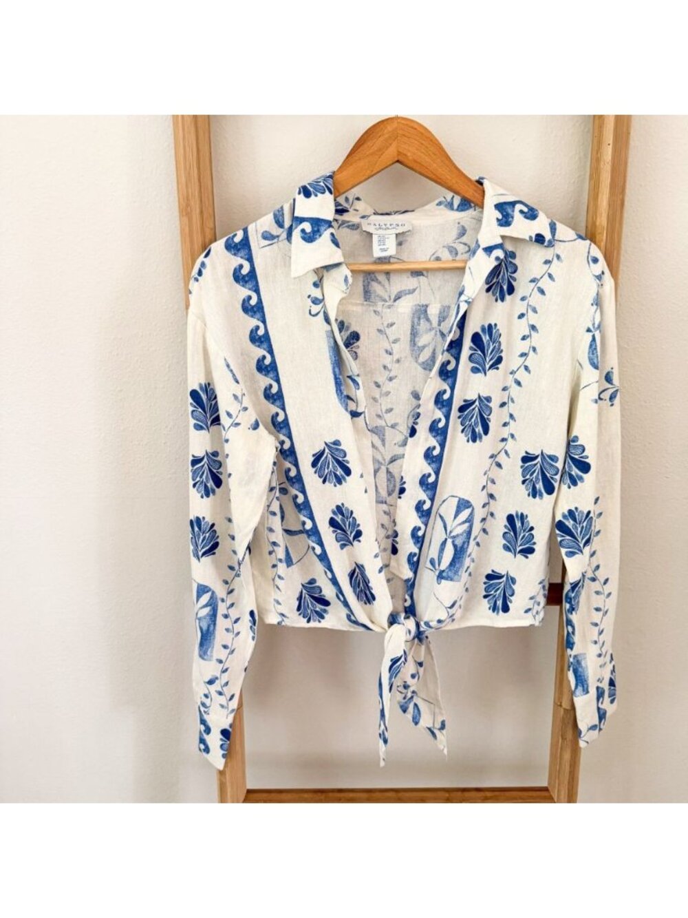 Calypso St. Barth Linen Blend Blue White Tie Front Crop Top XS Coastal Boho